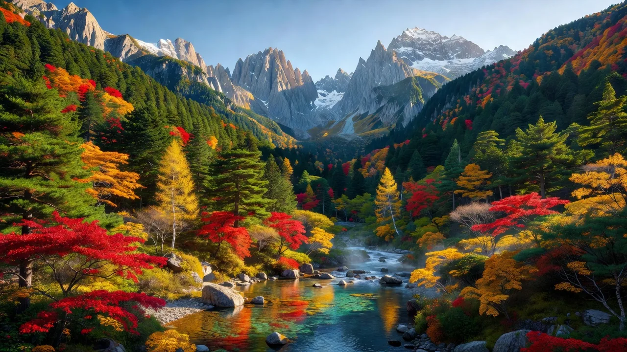 上高地、紅葉に染まる日本アルプス