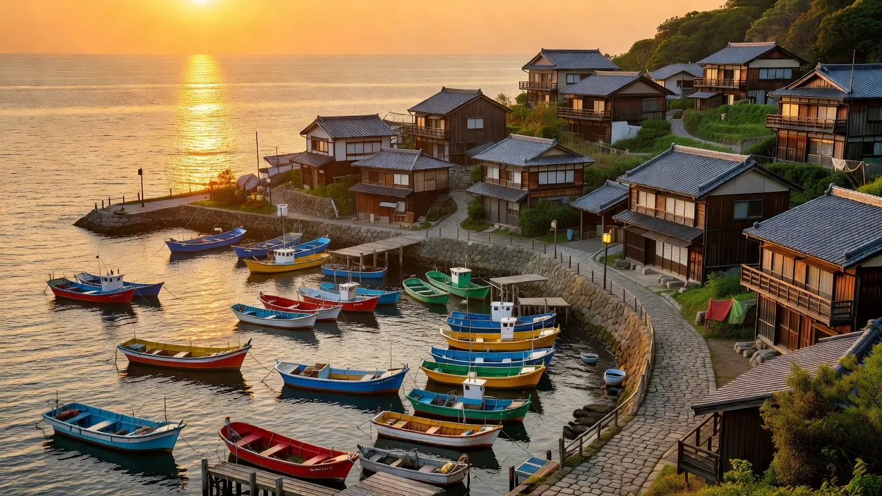 夕暮れの九州の漁村と穏やかな海
