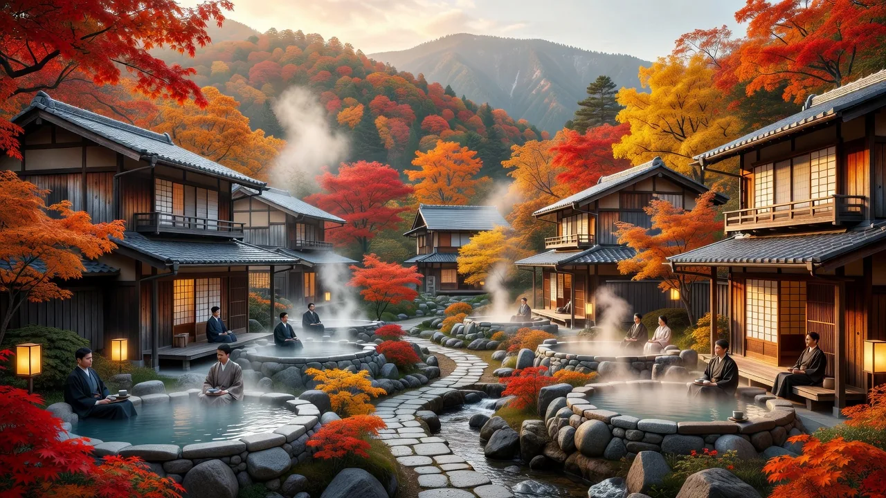 紅葉に包まれた山あいの温泉町